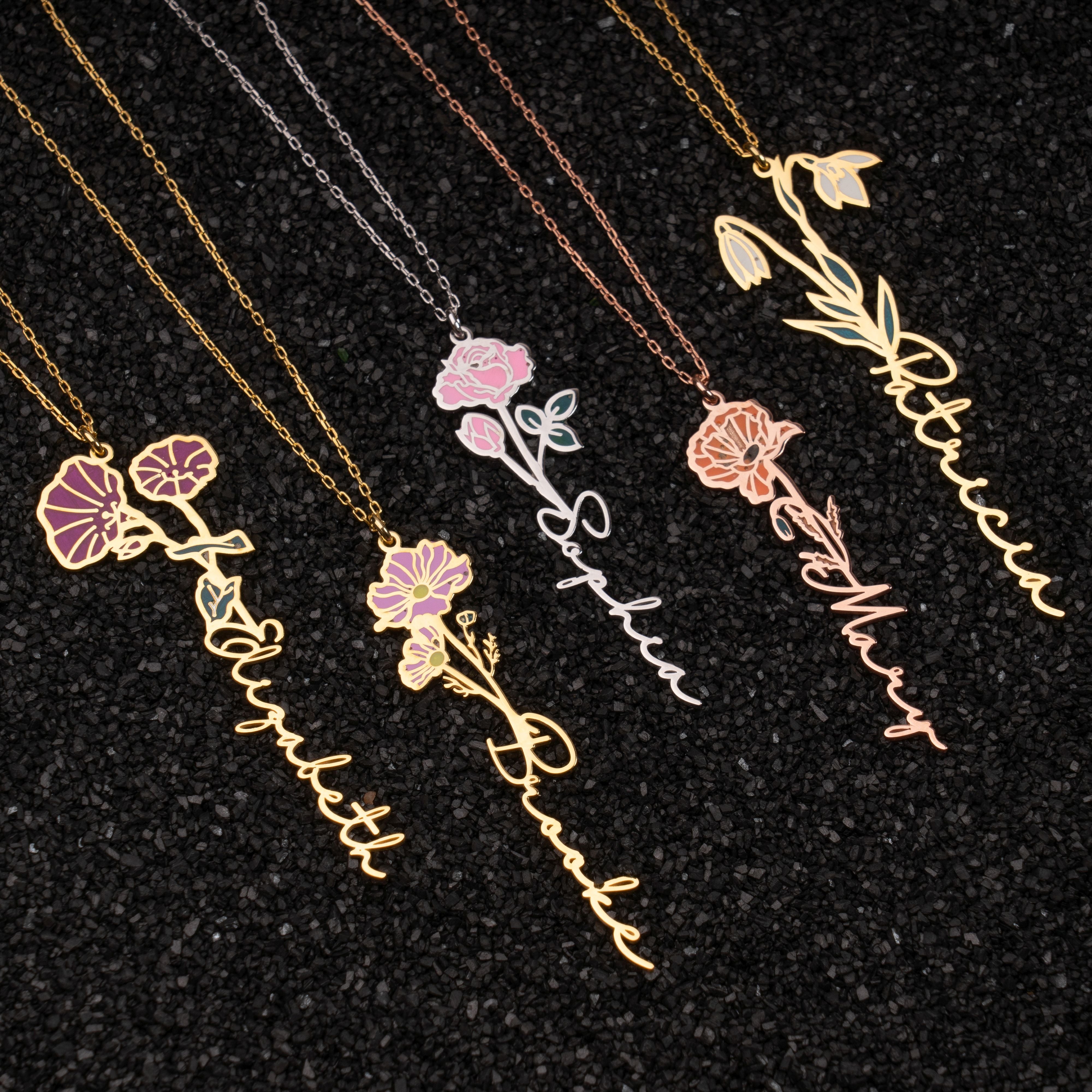 Personalized Birth Flower Name Necklace, Custom Vertical Name Necklace