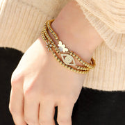 18K Gold PVD Stainless Steel Stone Flower Metal Beaded Stretch Bracelet / BRJ1020