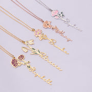 Personalized Birth Flower Name Necklace, Custom Vertical Name Necklace