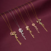 Personalized Birth Flower Name Necklace, Custom Vertical Name Necklace